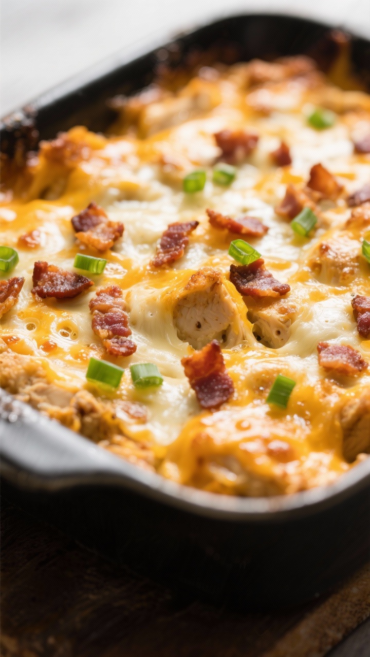 Close-up detail: Golden, bubbly Bacon Ranch Chicken Casserole just out of the oven, tight shot on th
