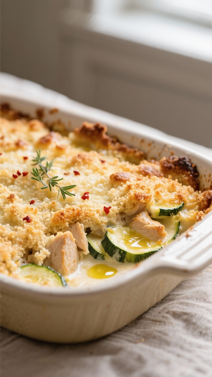 Close-up detail: Golden, bubbly Chicken Zucchini Casserole just out of the oven, showcasing a crisp 