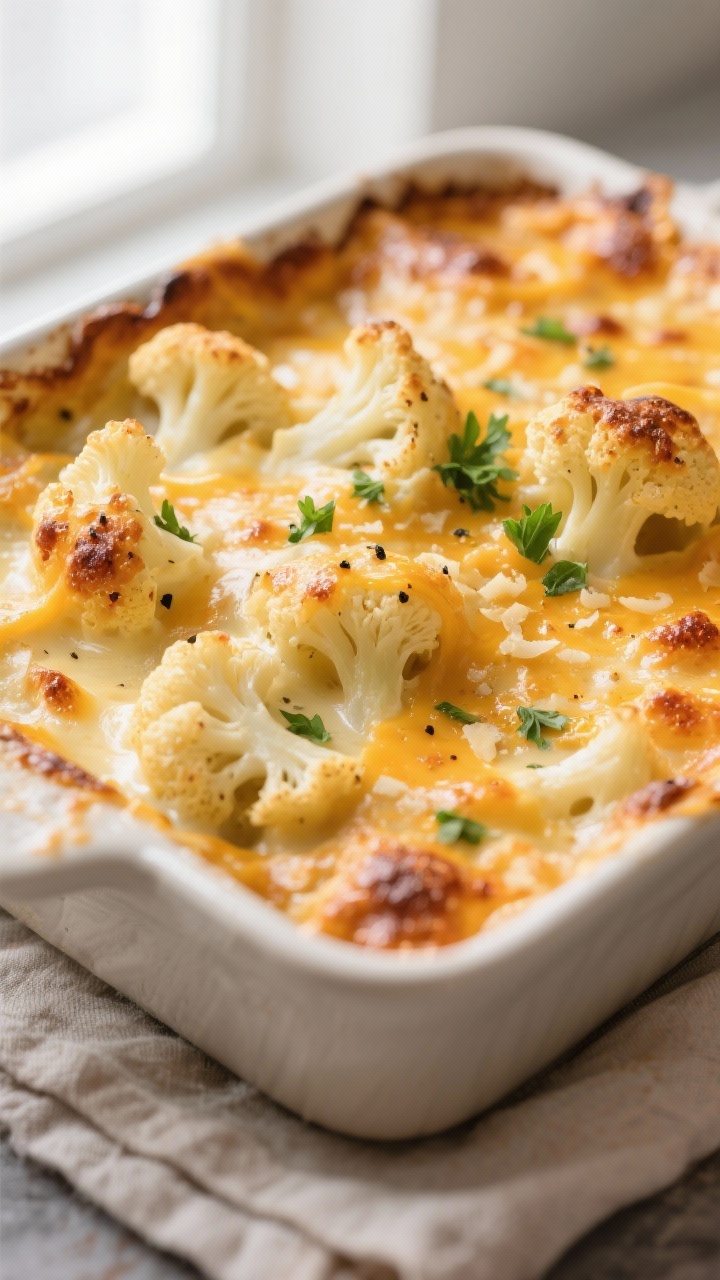 Close-up detail: Golden, bubbly Keto Cauliflower Au Gratin just out of the oven, broiled top with cr