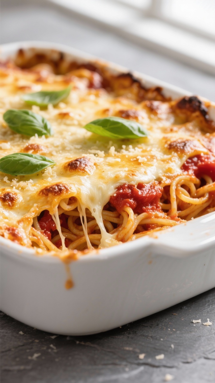 Close-up detail: Golden, bubbly keto spaghetti casserole just out of the oven, cheese top blistered 
