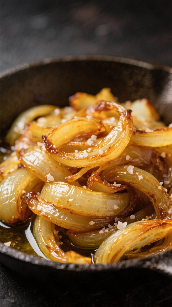 Close-up detail: Golden caramelized yellow onions piled in a warm skillet, glistening with olive oil