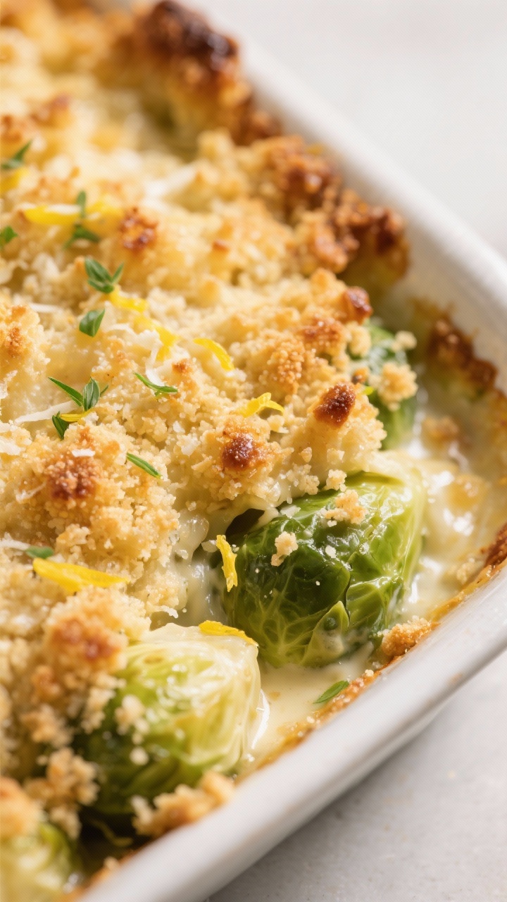 Close-up detail: Golden, crunchy panko-Parmesan-Gruyère topping on the baked Brussels sprout casser