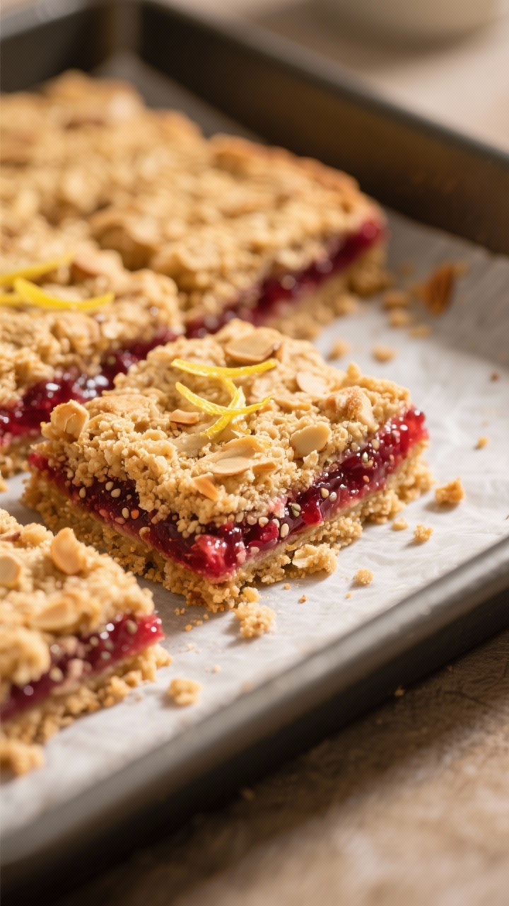 Close-up detail: Golden keto raspberry jam bars just out of the oven, focusing on the craggy almond 