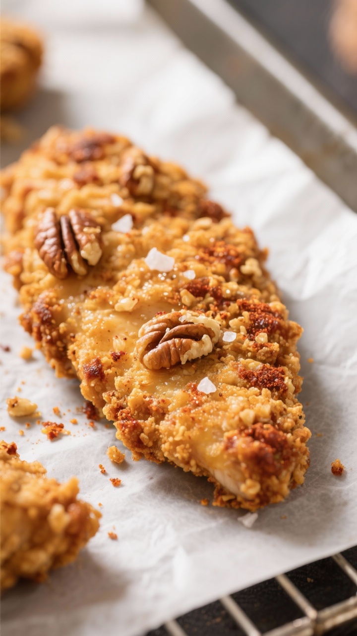 Close-up detail: Golden pecan-crusted chicken tender just out of the oven, ultra-crisp nut coating w