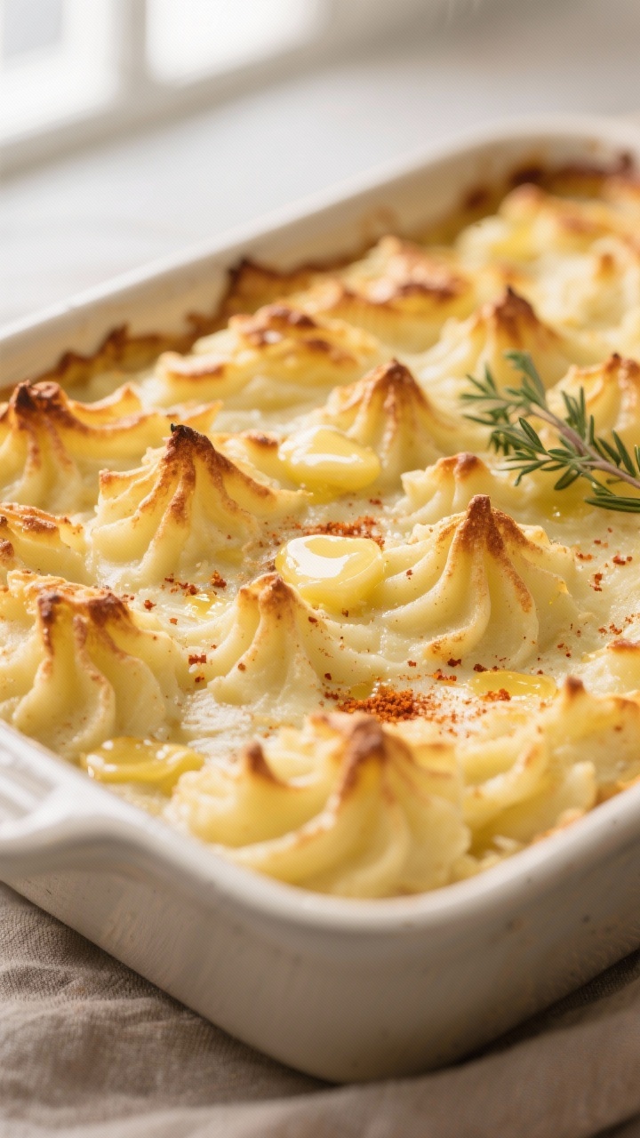 Close-up detail: Golden, ridged mashed potato topping just out of the oven, lightly blistered and br