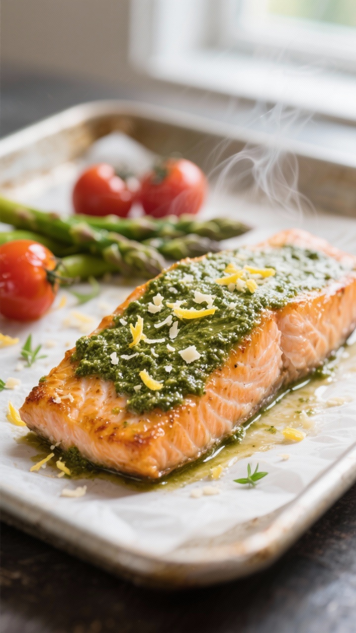 Close-up detail: Golden-roasted pesto salmon fillet just out of the oven, thin glossy layer of basil