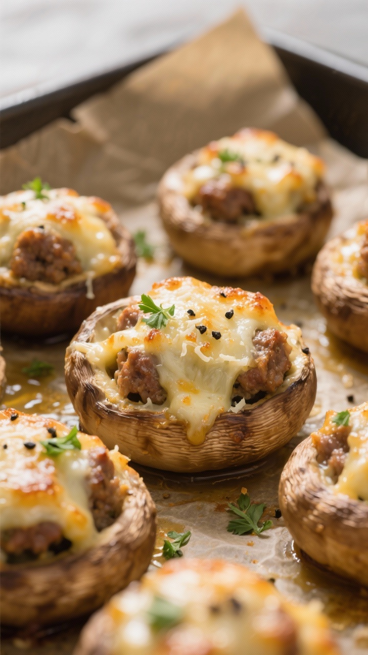 Close-up detail: Golden, sausage-stuffed cremini mushrooms just out of the oven, tops lightly crispe