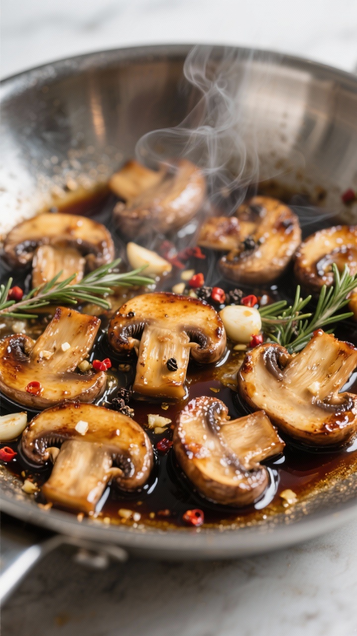 Close-up detail: Golden-seared balsamic mushrooms sizzling in a wide stainless-steel skillet during 