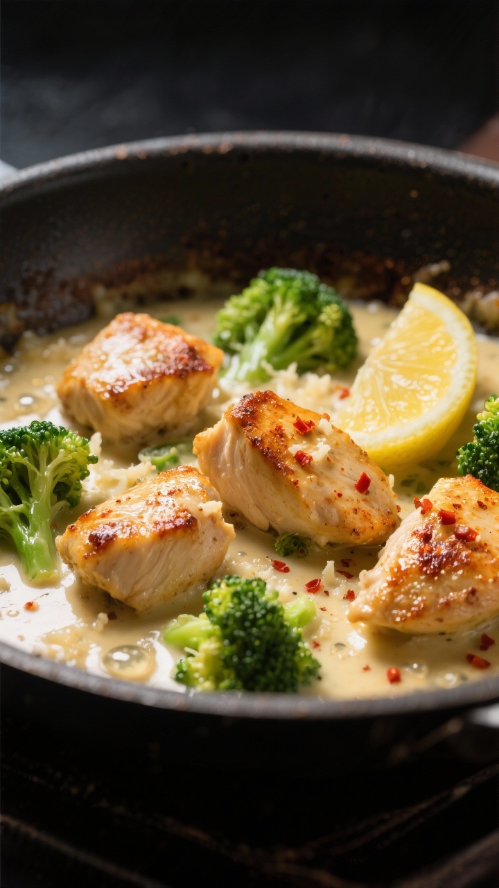 Close-up detail: Golden-seared chicken bites in a skillet, glistening with olive oil and paprika, ne