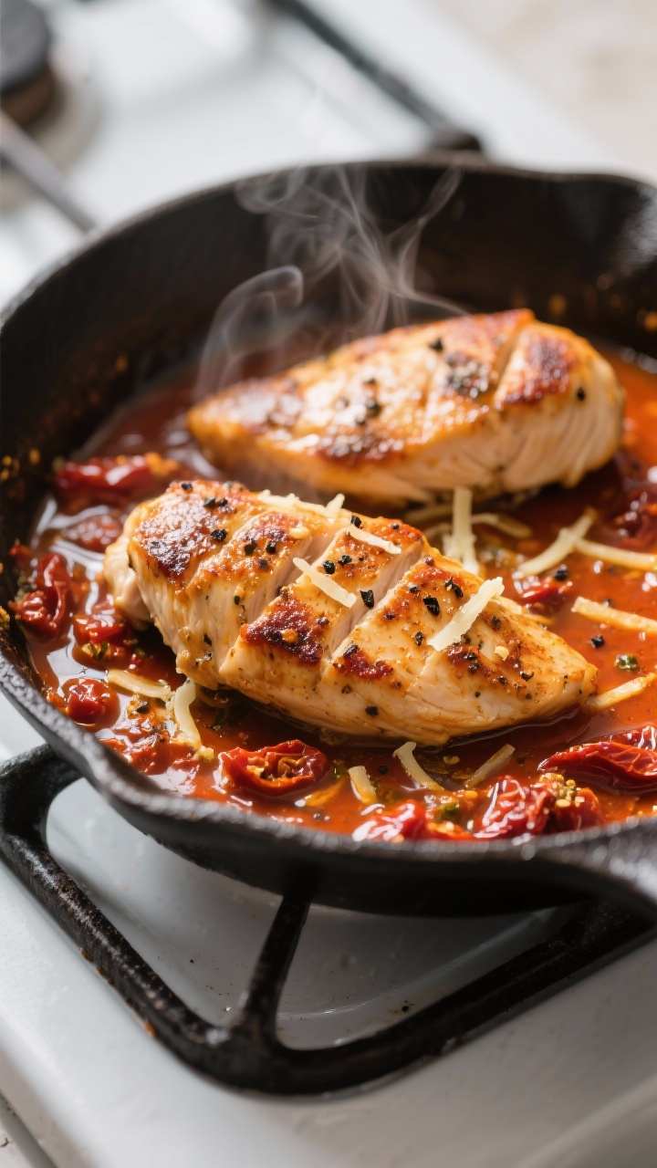 Close-up detail: Golden-seared chicken breasts simmering in a glossy sun dried tomato pesto pan sauc
