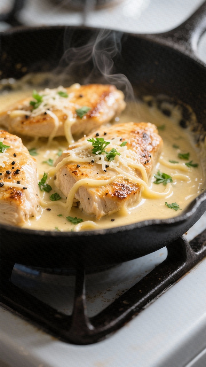 Close-up detail: Golden-seared chicken cutlets tossed in glossy Alfredo sauce in a skillet, sauce cl