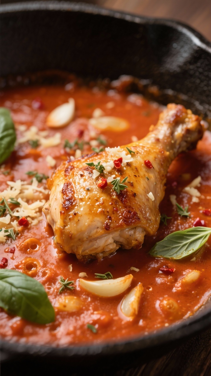 Close-up detail: Golden-seared chicken thigh, skin-side up, nestled in a creamy tomato sauce with vi