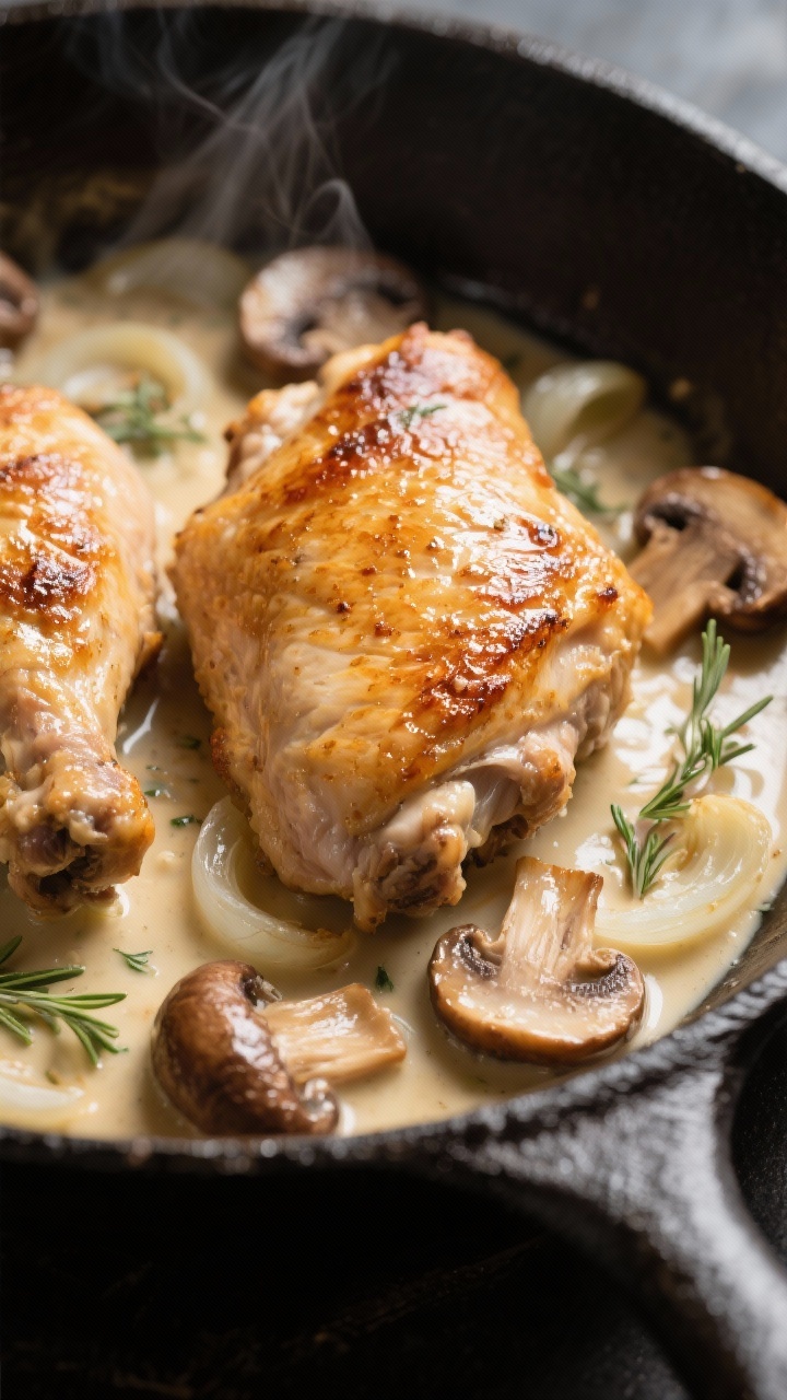 Close-up detail: Golden-seared chicken thighs skin-side up in a skillet, crispy blistered skin glist