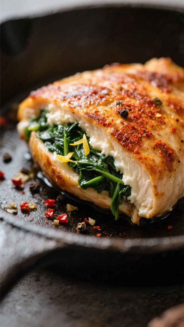 Close-up detail: Golden-seared spinach and ricotta stuffed chicken breast in a skillet, showing cris