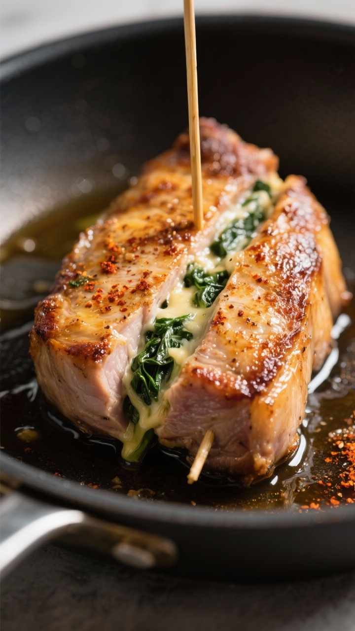 Close-up detail: Golden-seared stuffed pork chop in a skillet, edges crisp with a caramelized crust