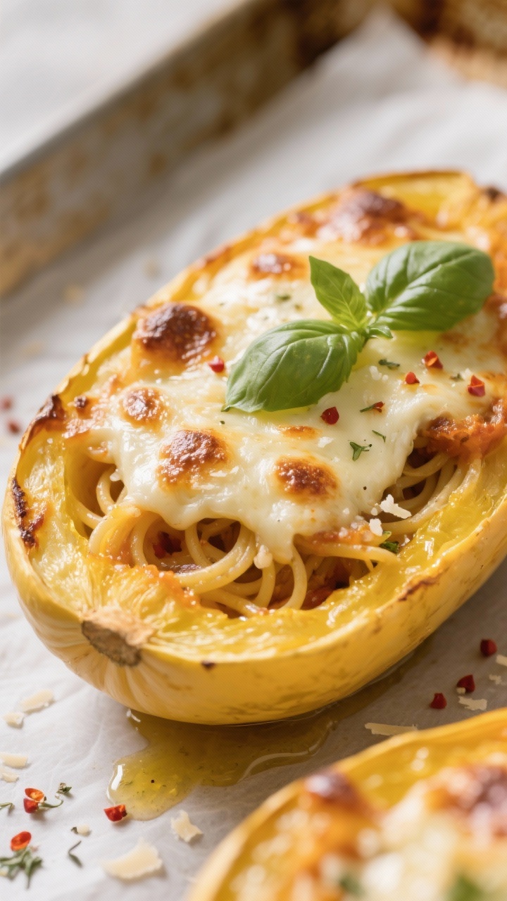 Close-up detail: Golden, twice-baked spaghetti squash in its shell just broiled, cheese bubbling wit
