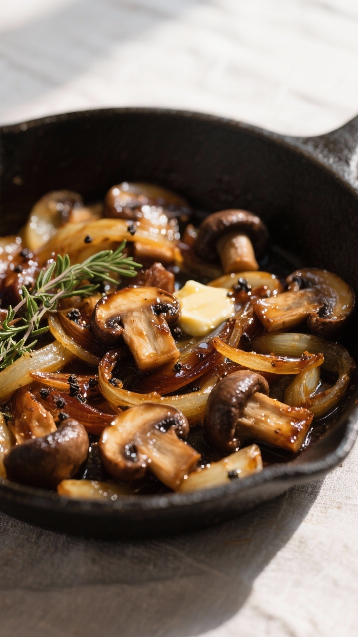 Close-up detail: Jammy caramelized onions intertwined with deeply browned cremini and baby bella mus