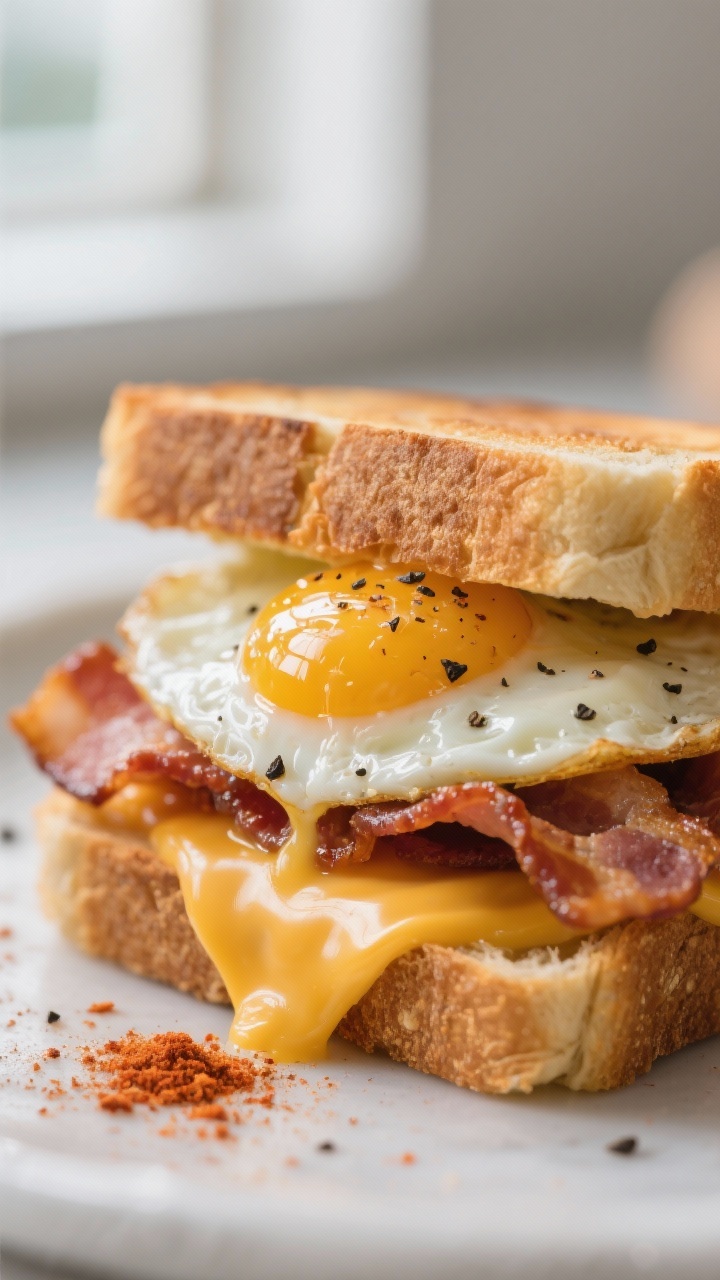 Close-up detail: Jammy fried egg sandwich layer with melty cheddar draping over crisp bacon, glossy 