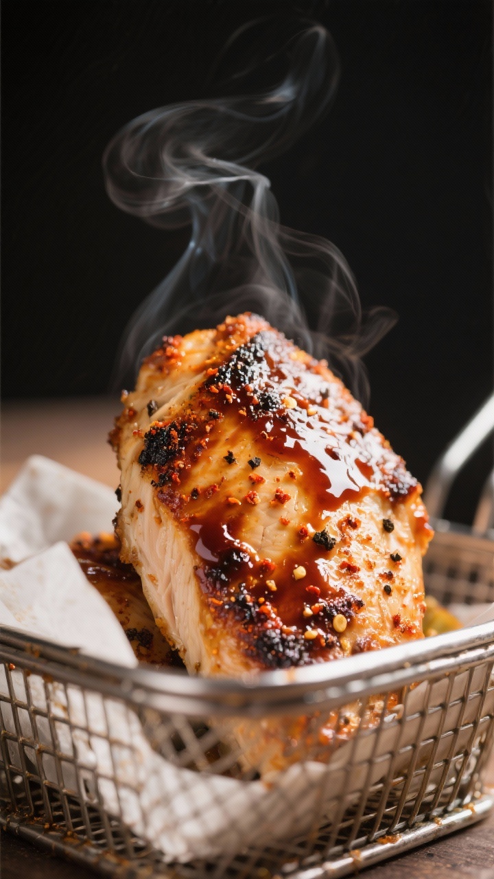 Close-up detail: Juicy air-fried BBQ chicken breast just out of the basket, glossy caramelized glaze