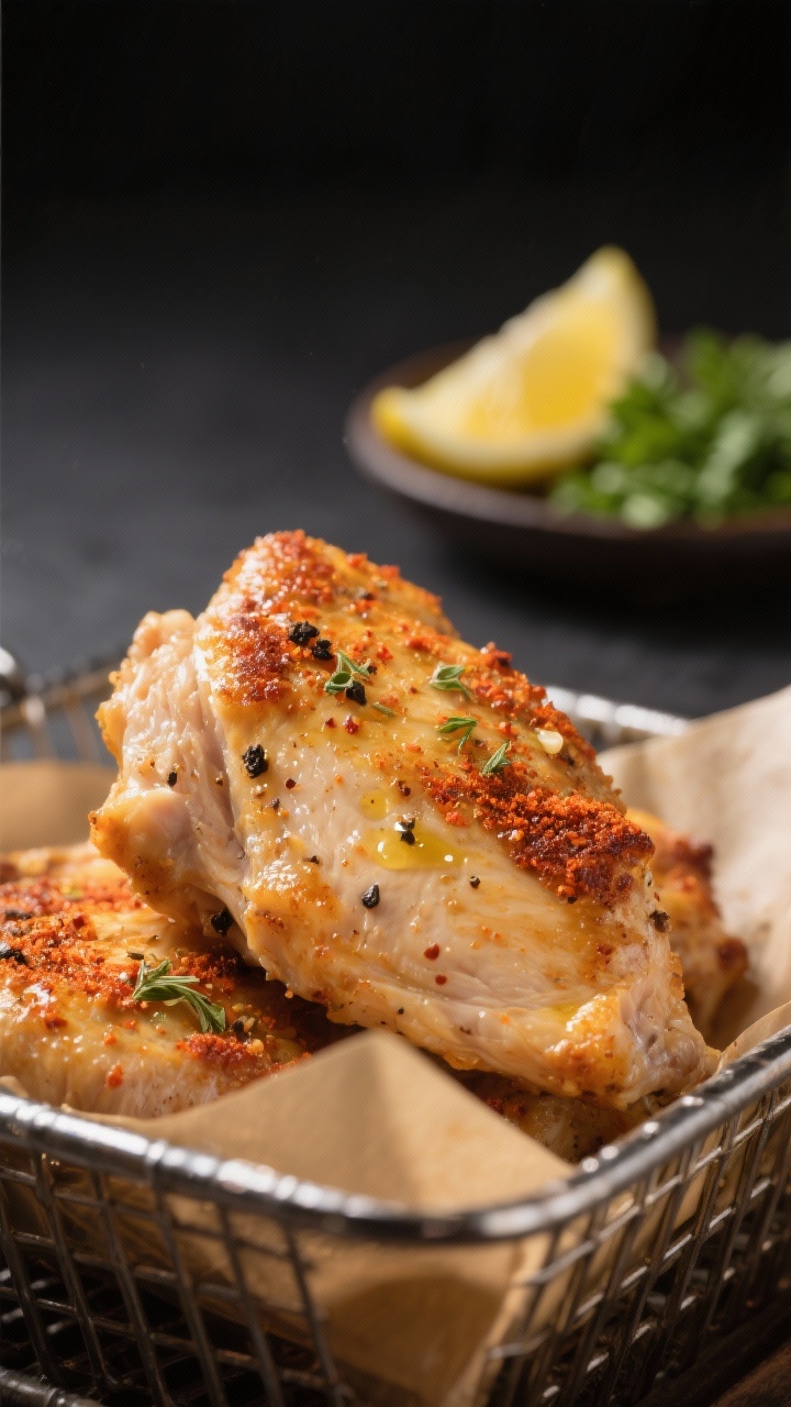 Close-up detail: Juicy air-fried boneless skinless chicken thigh just out of the basket, golden-brow