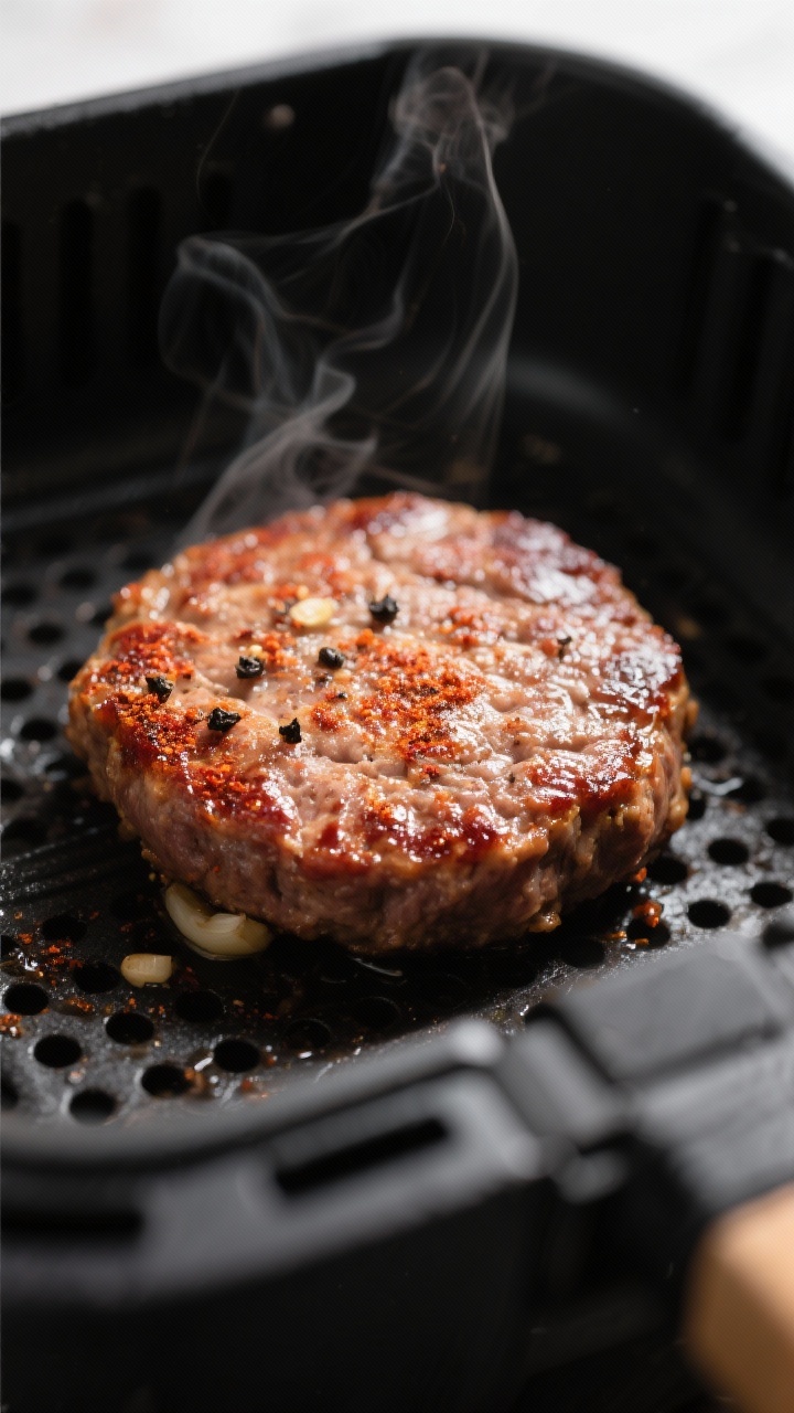 Close-up detail: Juicy air-fried sausage patty just out of the basket, crisp caramelized edges with 