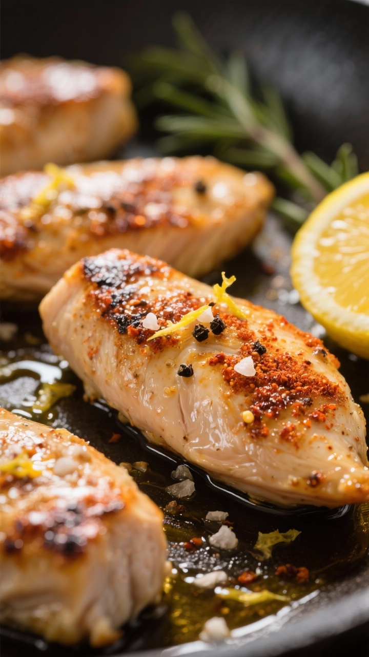 Close-up detail: Juicy chicken tenderloins just out of the skillet, lightly browned with paprika-gar