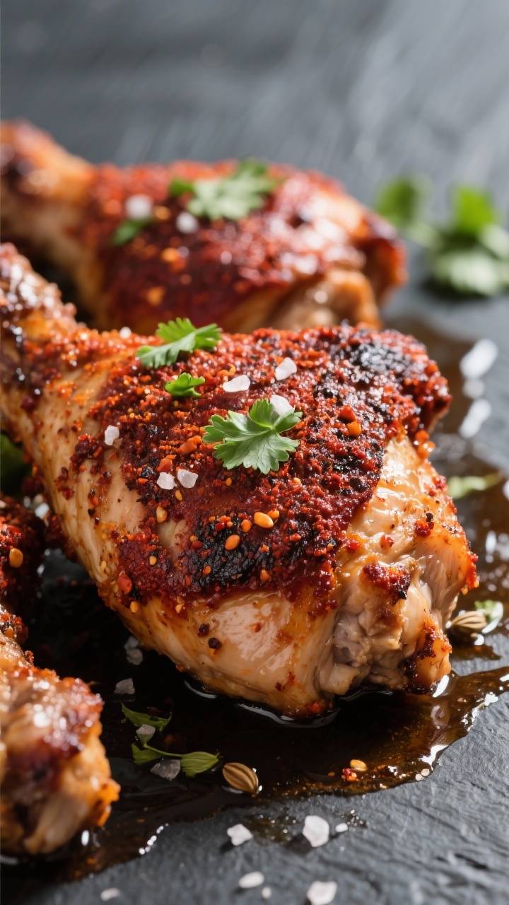 Close-up detail: Juicy grilled chicken thighs coated in a deep red-brown Southwest spice crust, slig