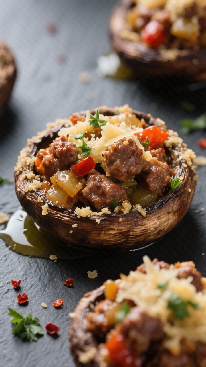 Close-up detail: Juicy sausage-pepper-onion filling mounded inside roasted cremini mushroom caps, to