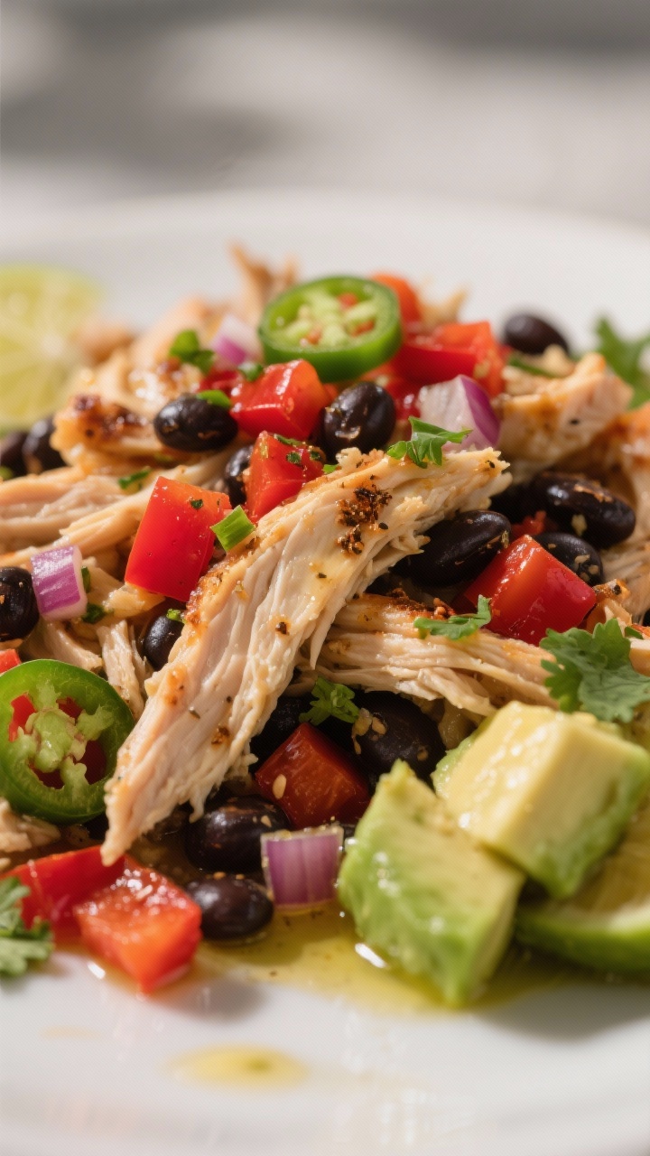 Close-up detail: Juicy shredded rotisserie chicken tossed with lime-cumin dressing, black beans, and