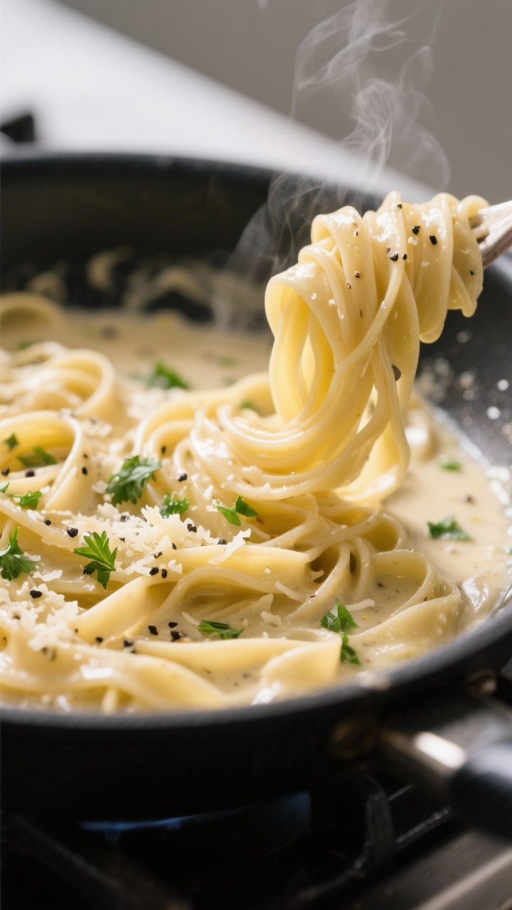 Close-up detail: Keto fettuccine-style noodles being finished in a hot skillet of glossy garlic-butt