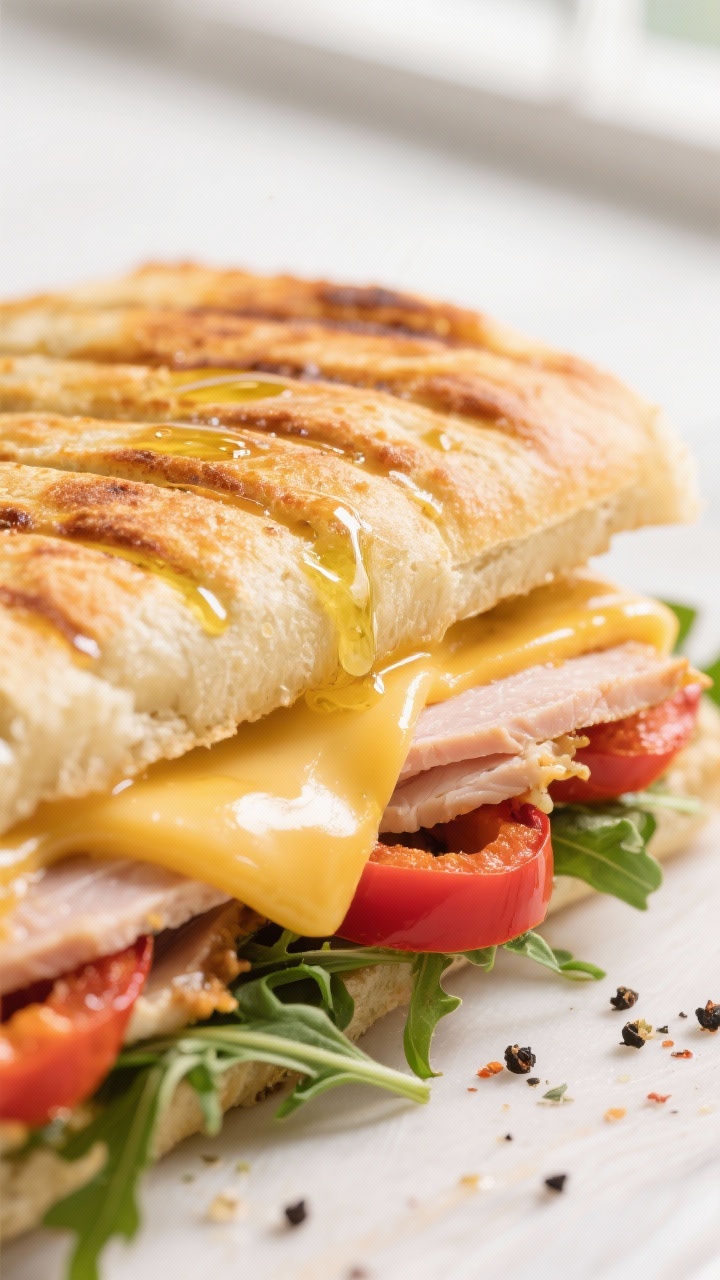 Close-up detail: Low-carb panini just off the press, showing a deep golden, crisp exterior brushed w