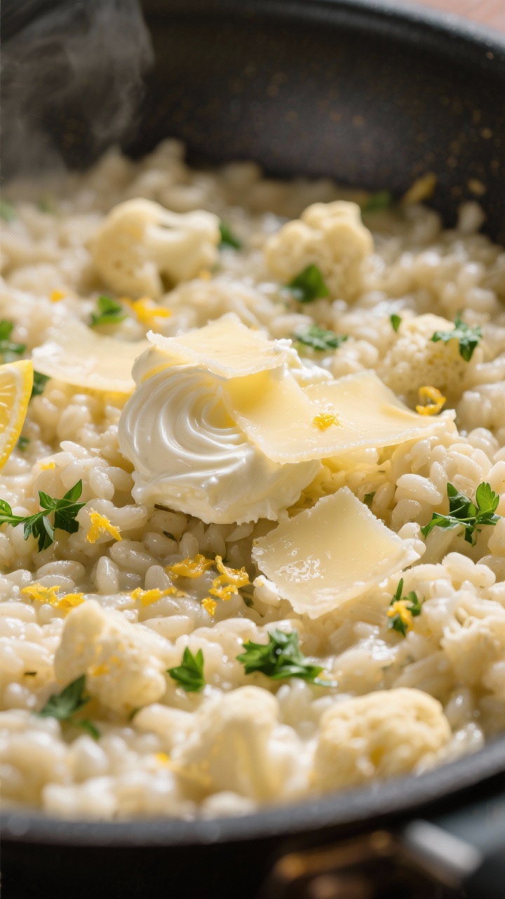 Close-up detail: Luxuriously creamy keto cauliflower risotto being finished in the pan, low-angle ma