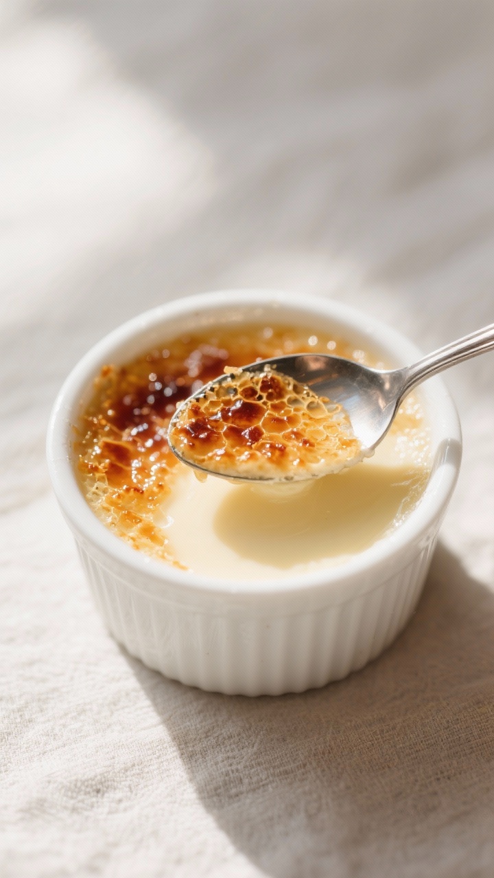 Close-up detail: Macro shot of a chilled keto creme brulee just after torching, showing a thin, glas