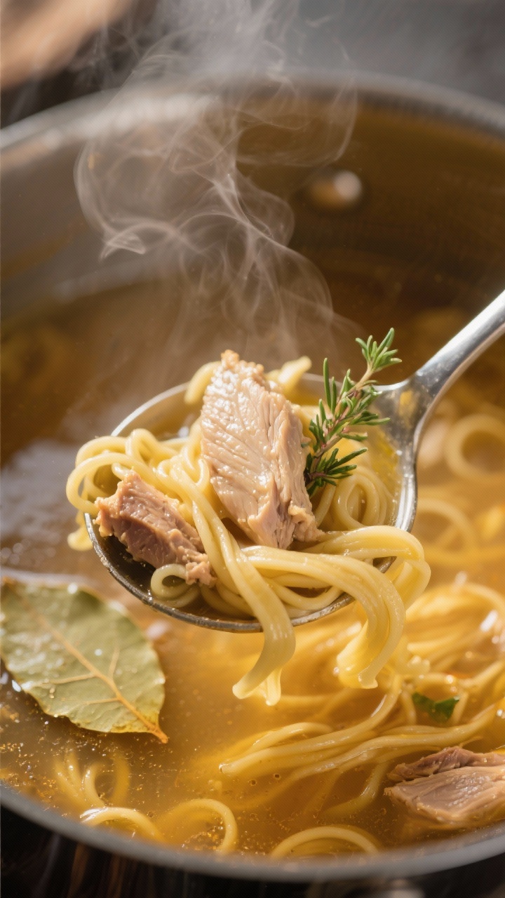 Close-up detail: Macro shot of a ladle lifting glossy, golden broth with ribbons of egg noodles, suc