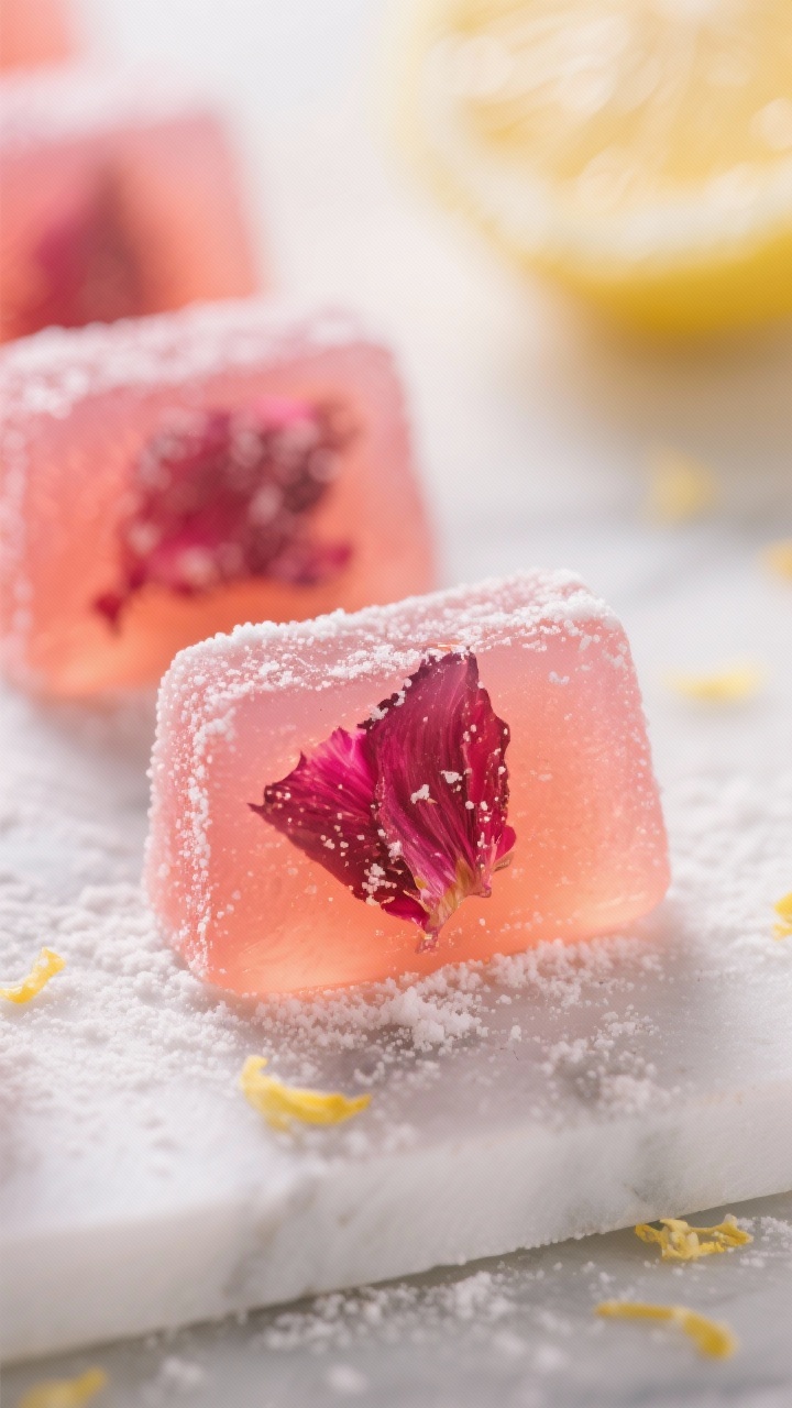 Close-up detail: Macro shot of freshly unmolded Passion Tea Lemonade Gummies with a translucent rosy