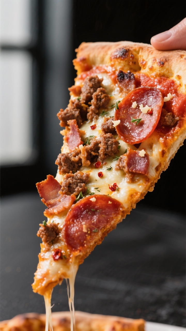 Close-up detail: Meatzza Pizza slice just lifted from the pie, showcasing crisp, par-baked crust wit