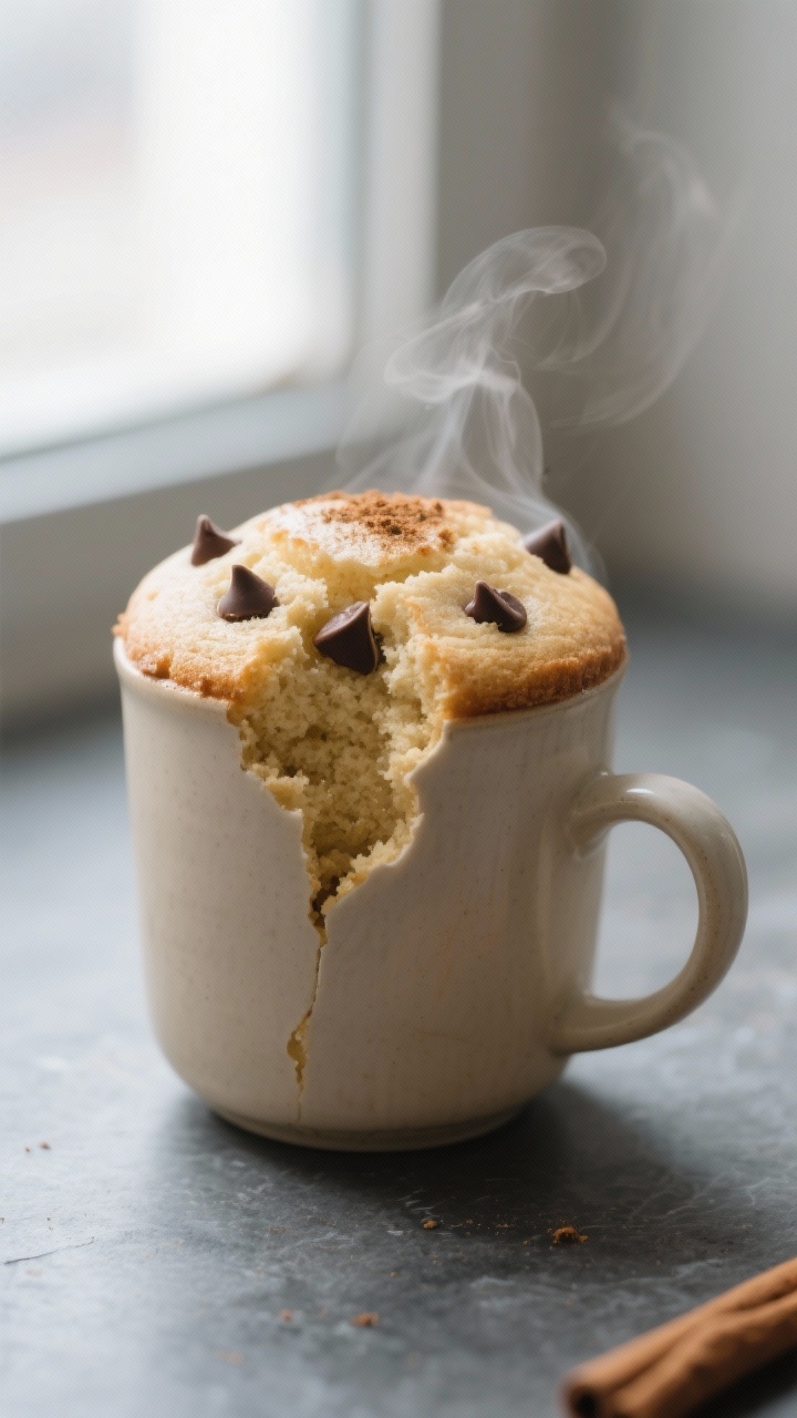 Close-up detail of a freshly microwaved keto vanilla mug cake still in the mug, dome risen and set w