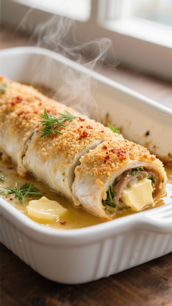 Close-up detail of a just-baked stuffed flounder roll, seam-side down, showing crisp golden breadcru
