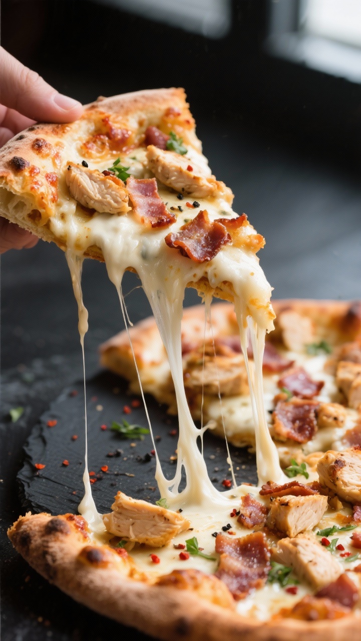 Close-up detail of a sliced piece of Chicken Bacon Ranch Pizza being pulled away from the pie, showi