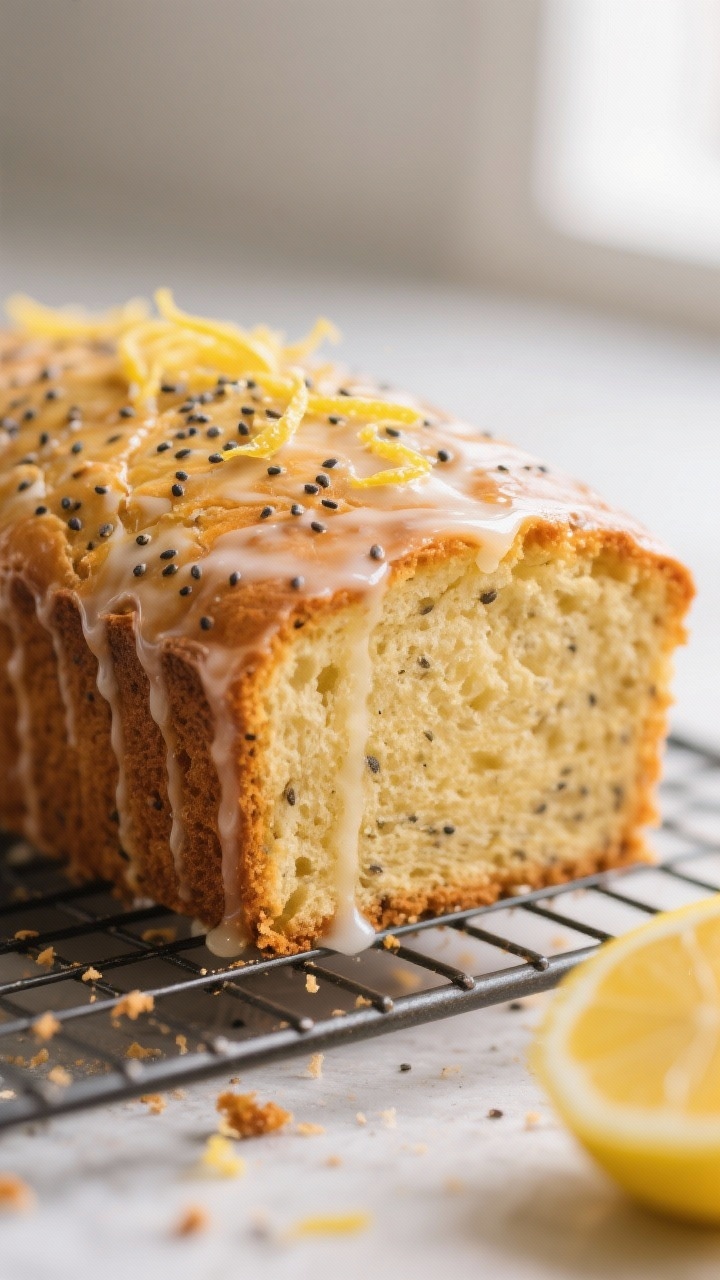 Close-up detail of freshly baked lemon poppy seed loaf just out of the pan, golden crackled top with