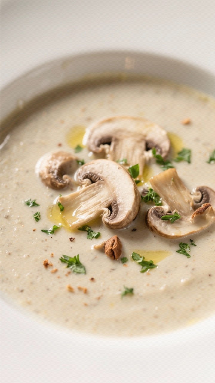 Close-up detail of texture: Cream-finished mushroom soup, half-blended for a rustic look, showing te