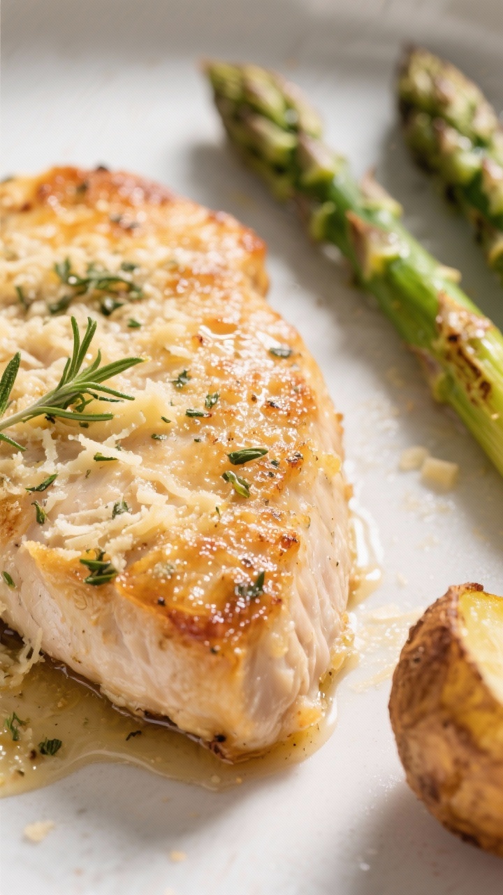 Close-up detail of textures: Macro shot of a single chicken cutlet with savory Parmesan crust formin