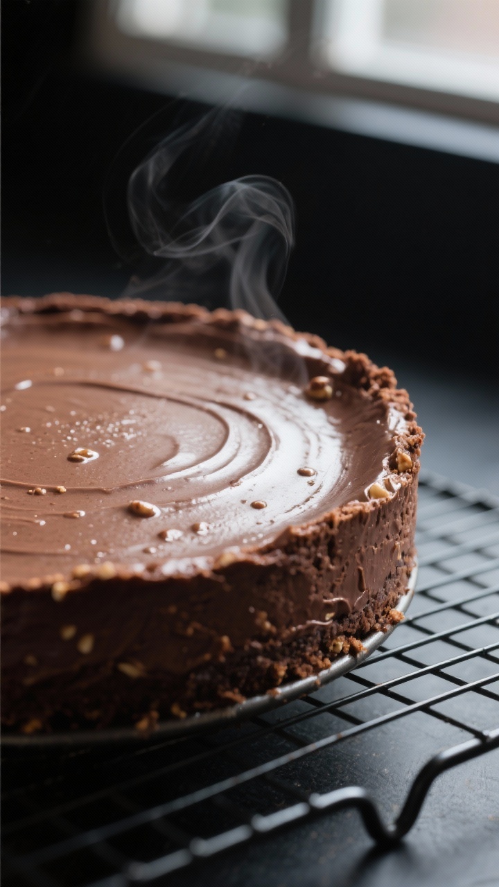 Close-up detail of the baked low-carb chocolate-hazelnut cheesecake surface just out of the pan, sho