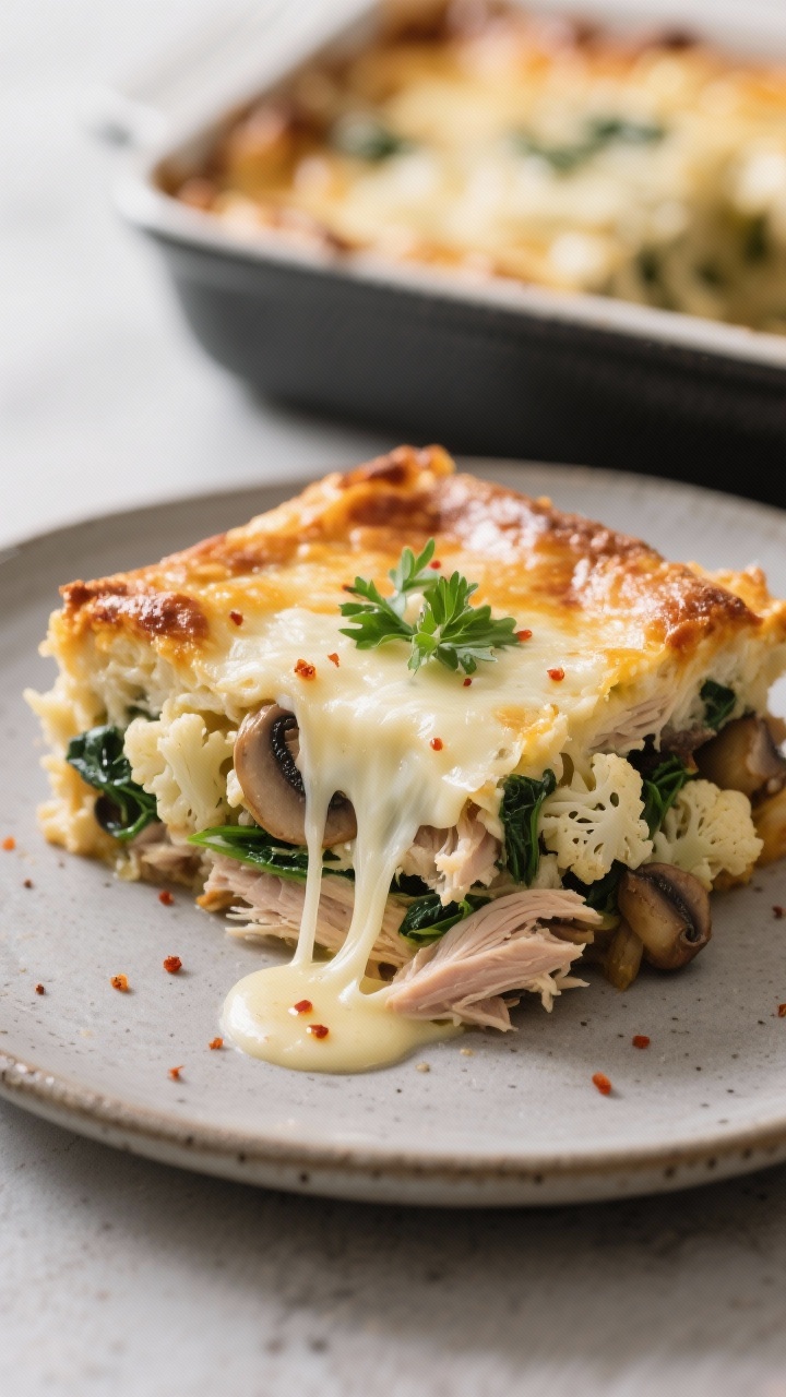 Close-up detail of the slice: A generous square of the baked casserole plated on a matte stoneware p