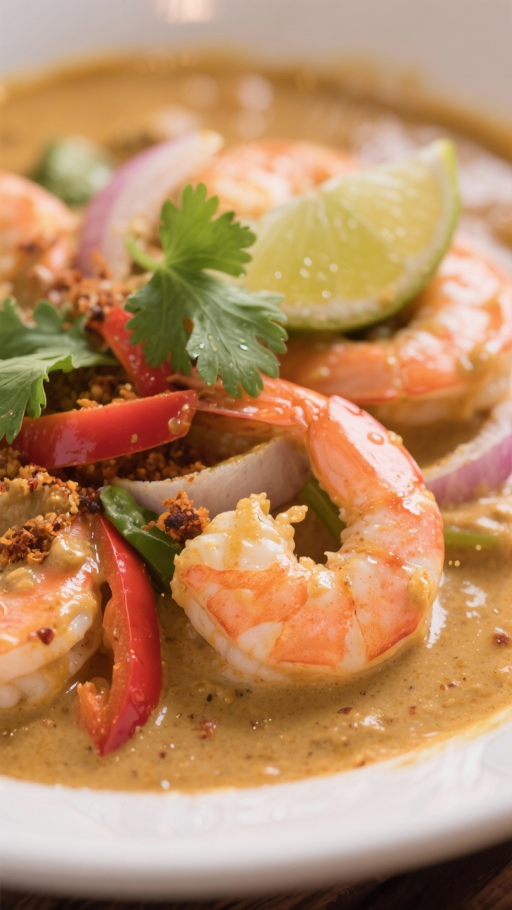 Close-up detail: Perfectly cooked shrimp nestled in the silky curry sauce — plump pink shrimp curl