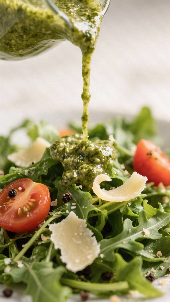 Close-up detail — pour and cling: Macro shot of the finished pesto dressing being poured in a thin
