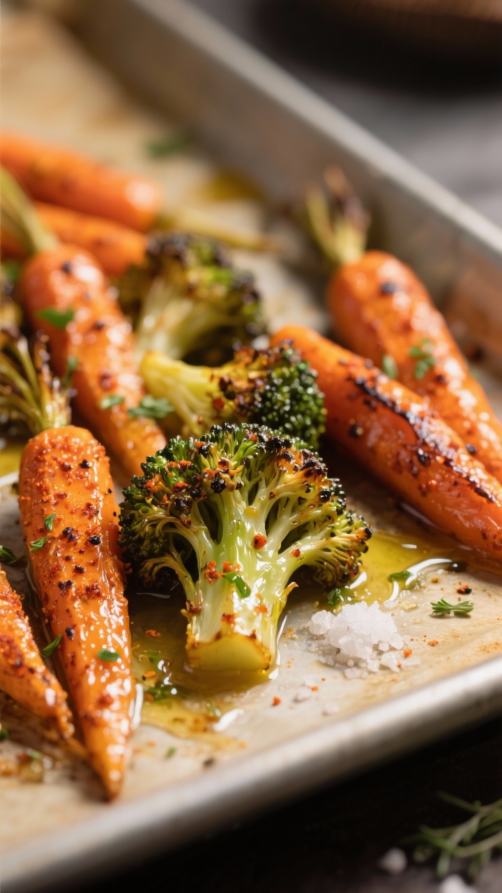 Close-up detail: Roasted broccoli and carrots just out of the oven, glistening with olive oil and a
