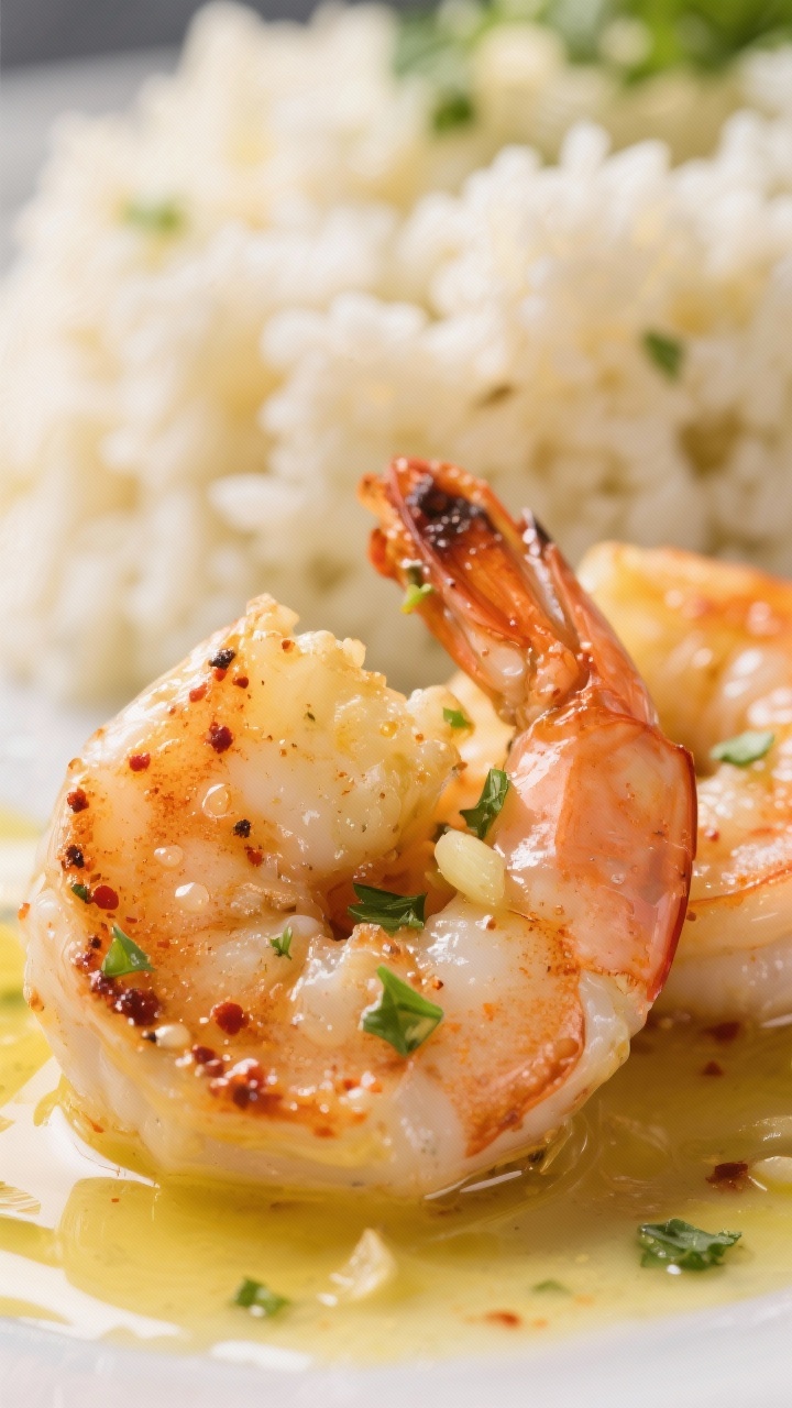 Close-up detail — Sauce and texture hero shot: Extreme close-up of two shrimp coated in silky garl