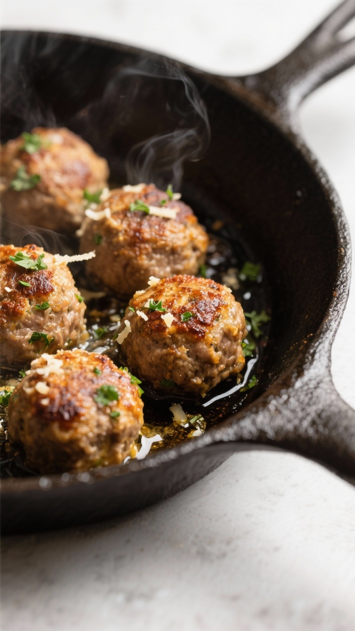 Close-up detail: Searing keto meatballs in a cast-iron skillet, golden-brown crust with rendered fat