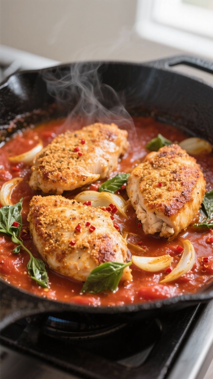 Close-up detail: Searing Pomodoro Chicken in a large skillet—golden-brown, crusted chicken breasts